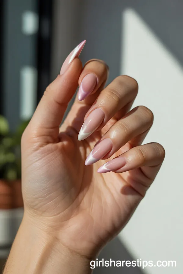 Pink-to-White Ombr&eacute; Stiletto Nails