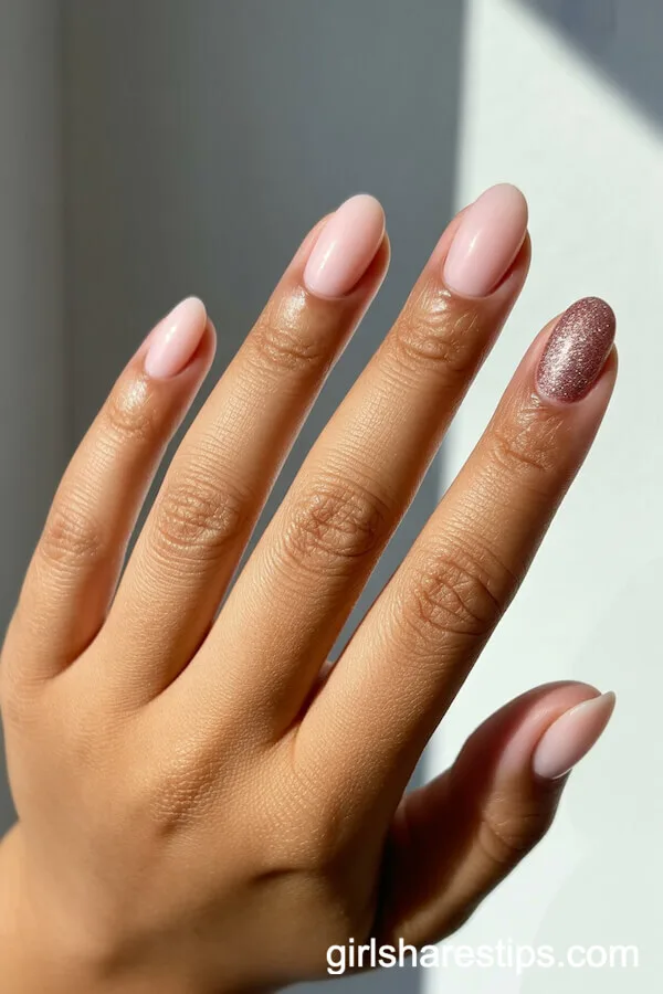 Matte Pink Nails With Rose Gold Glitter Accent
