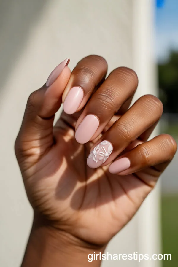 Blush Pink Oval Nails With White Dainty Flowers