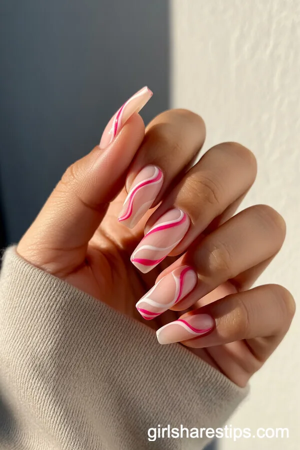 Trendy Pink and White Swirl Coffin Nails