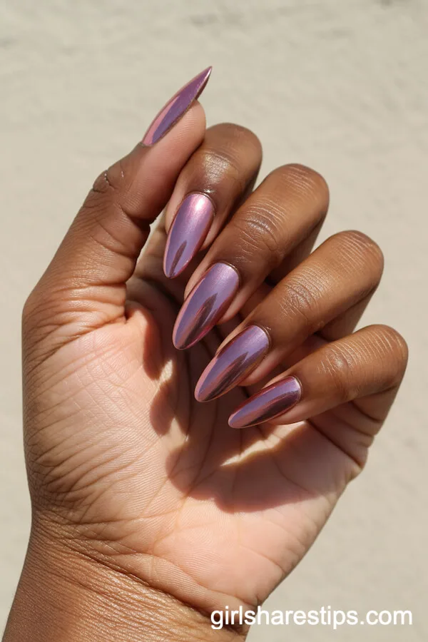 Metallic Pink Chrome Almond Nails