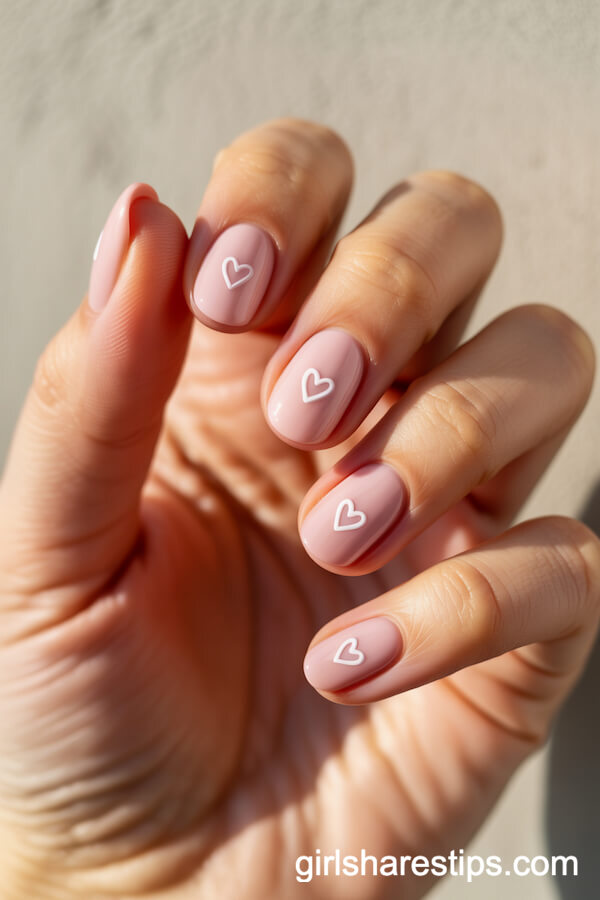 Soft Pink Short Oval Nails With Minimal White Hearts