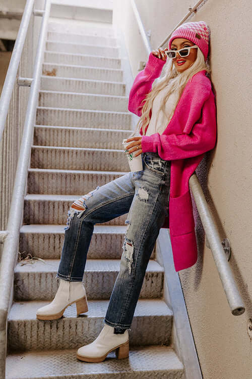 pink cardigan outfit