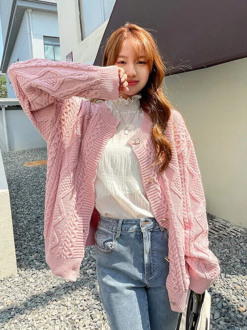 pink cardigan outfit