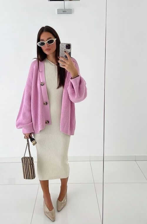 pink cardigan outfit