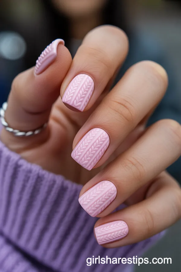 Pink Cable-Knit Sweater Nails for Cozy Winter Vibes