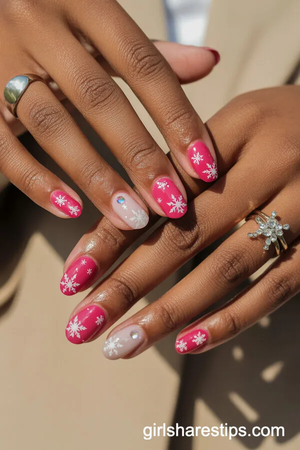 Hot Pink Almond Nails With Snowflake and Crystal Accents