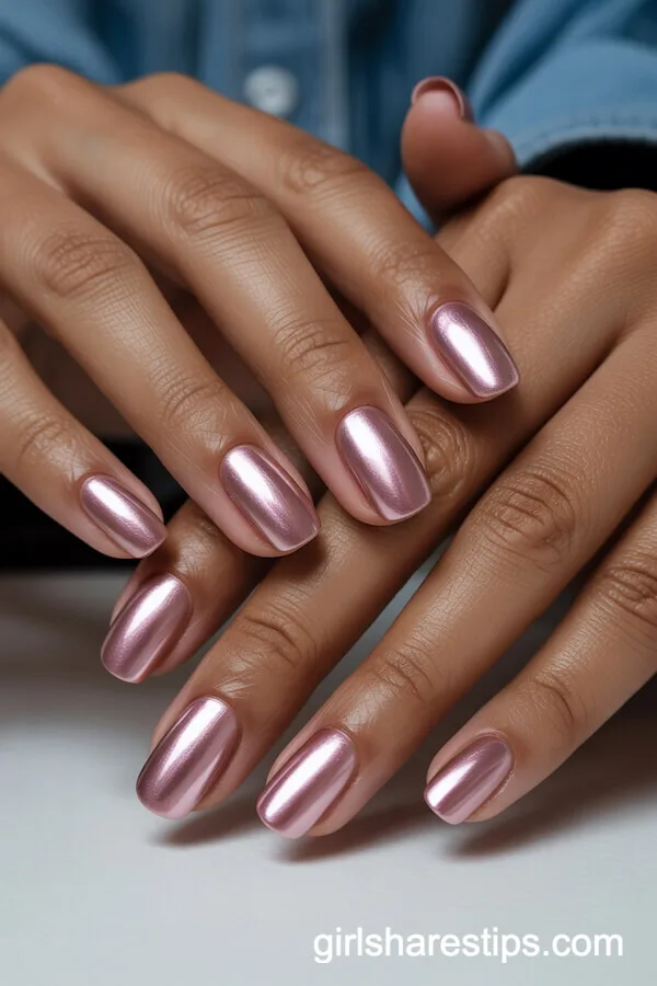 Pink Chrome Square Nails With a Velvet Sheen
