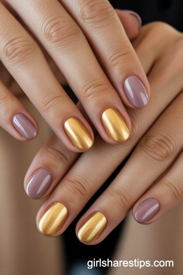 Mauve Pink Oval Nails With Gold Accent Ring Fingers