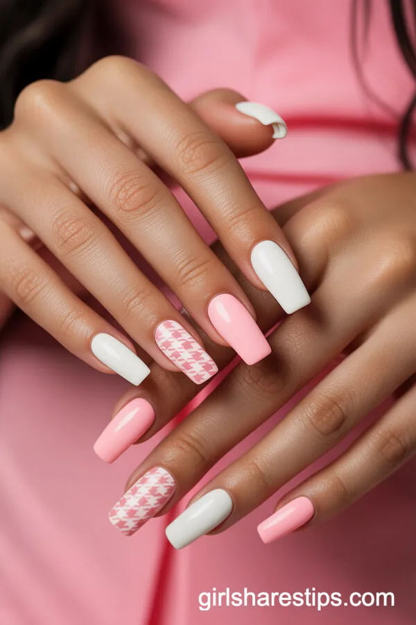 Pink and White Houndstooth Coffin Nails