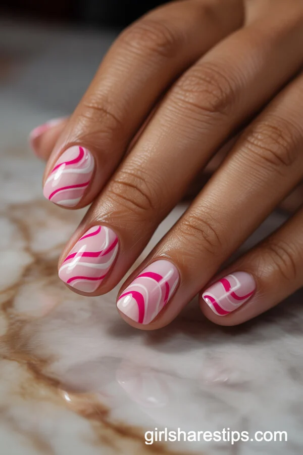 Pink and White Candy Cane Stripe Nails for Fun Winter Style
