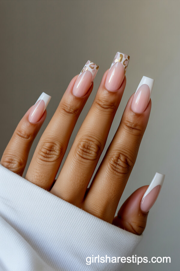 Soft Pink Coffin Nails With White and Gold Leopard Print