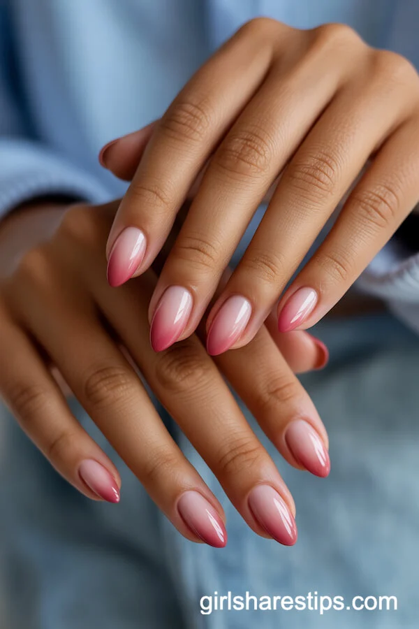 Ombre Almond Nails From Deep Rose to Pale Pink Tips