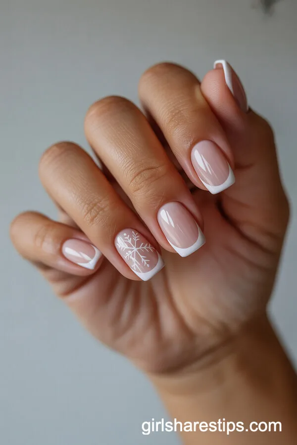 Pale Pink French Tips With Delicate Snowflake Accents