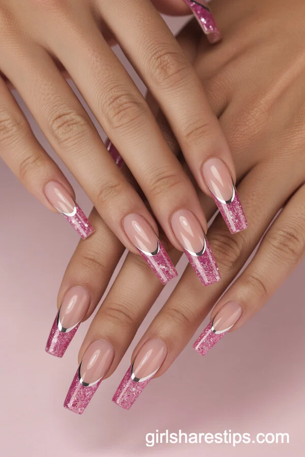 Clear Coffin Nails With Pink Glittered Tips and Silver Accents