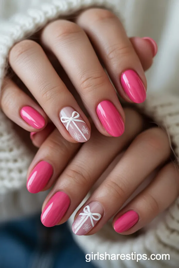 Hot Pink Almond Nails With White Ribbon Bow and Snow Detailing