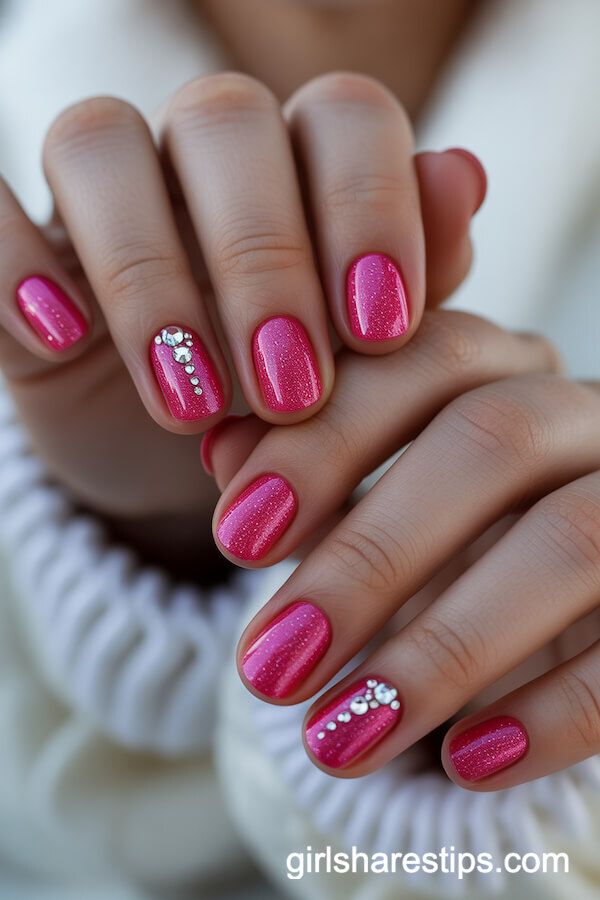 Sparkly Hot Pink Glitter Nails With Icy Crystal Accents