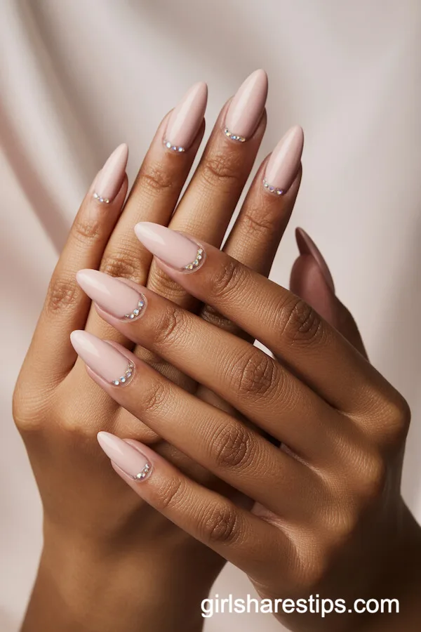 Matte Blush Pink Stiletto Nails With Crystal Accents