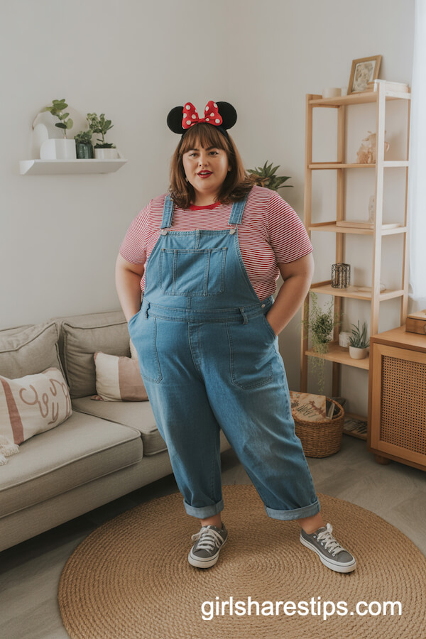 Denim Overalls with Red and White Striped Tee