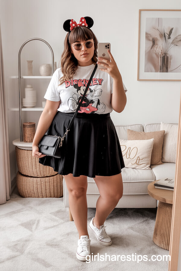 Playful Disney Print Tee with Black Skater Skirt