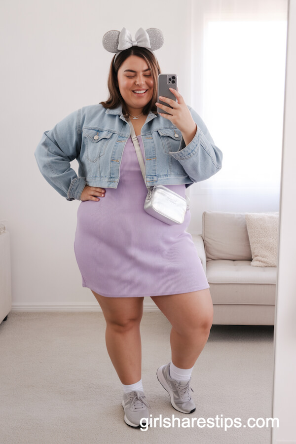 Pastel Lilac Mini Dress with Denim Jacket