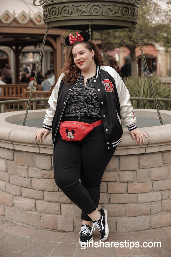 Black Polka Dot Top with Varsity Bomber Jacket