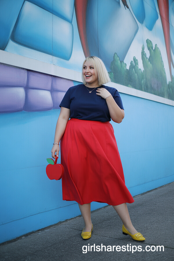 Navy Blue T-Shirt Paired with Red Midi Skirt