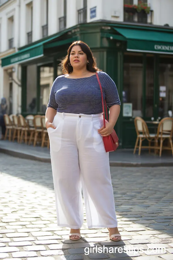 Navy Striped Boatneck Top with High-Waisted White Linen Pants