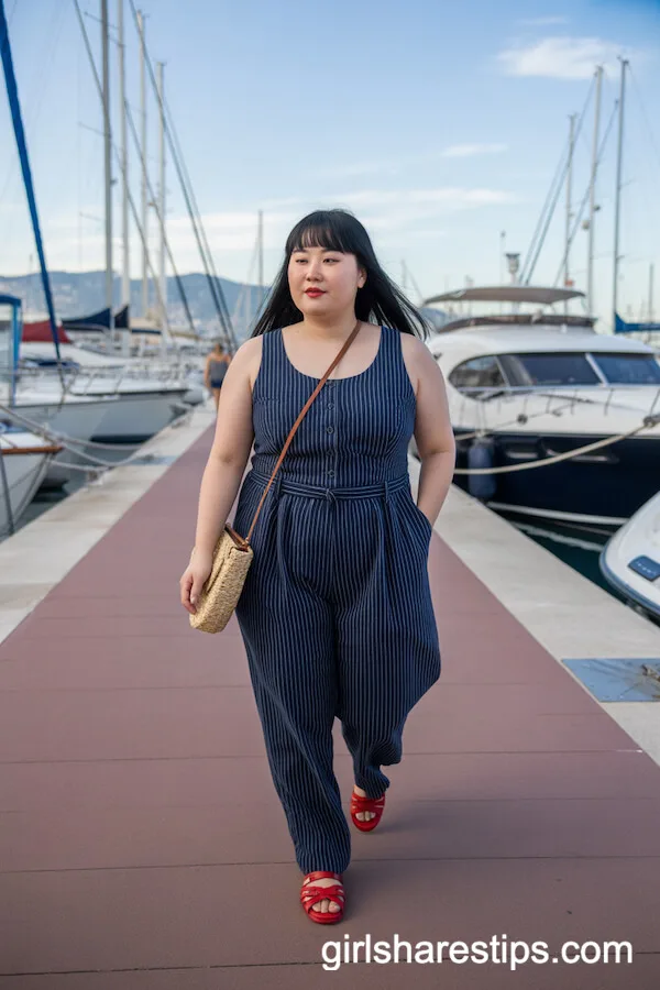 Navy-and-White Pinstriped Sleeveless Jumpsuit with Red Sandals