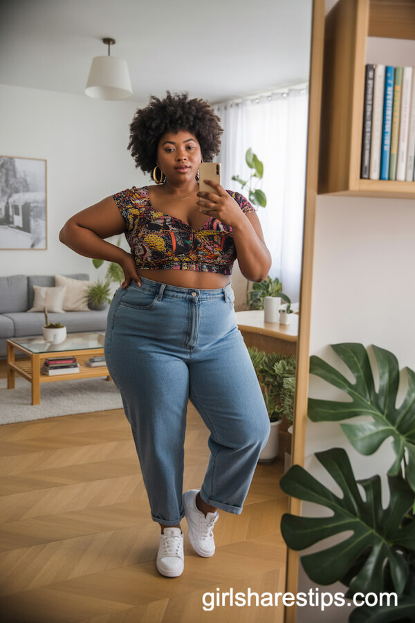 Printed Crop Top and High-Waisted Mom Jeans with White Sneakers