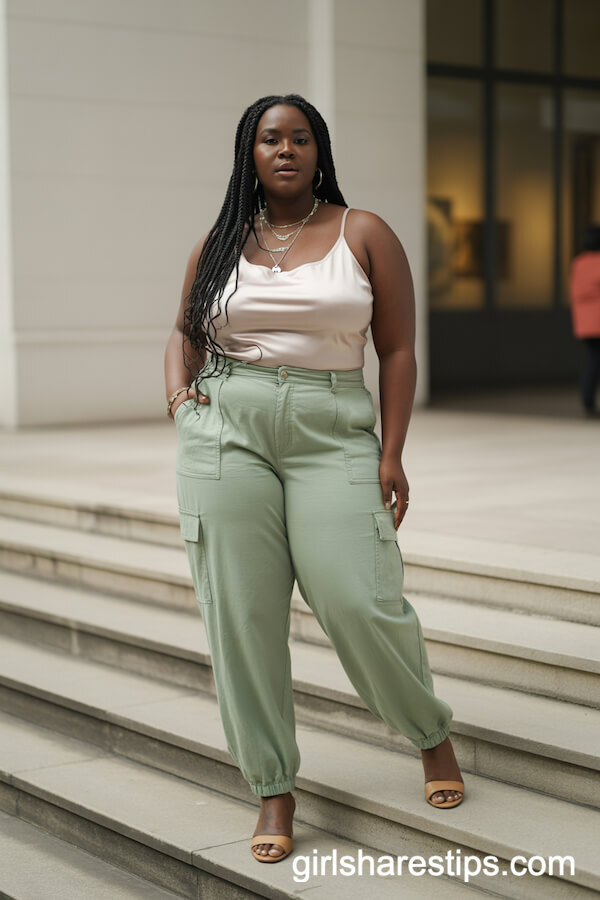 Sage Green High-Waisted Cargo Pants White Satin Tank Top