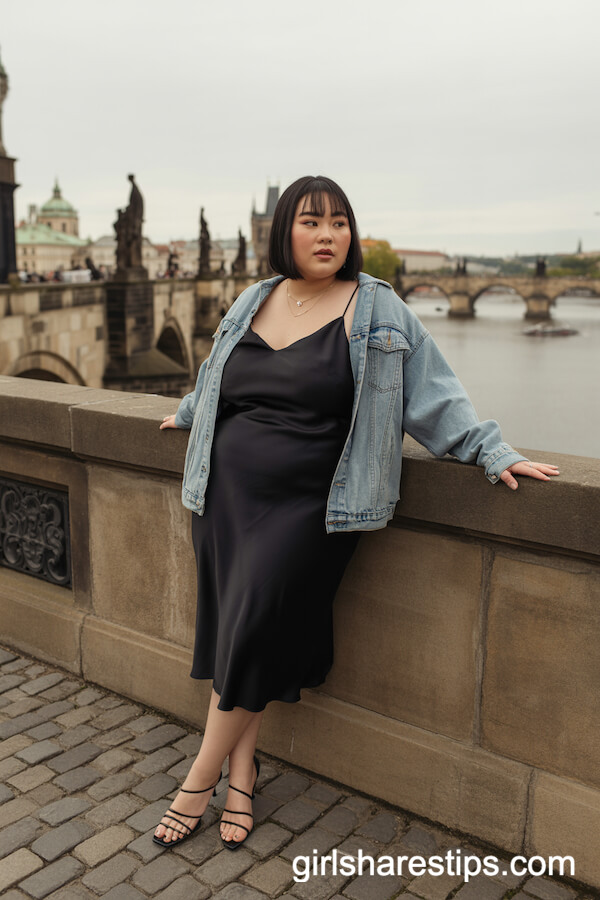 Black Satin Slip Midi Dress with Light Blue Denim Jacket