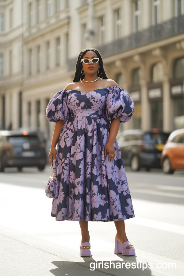 Off-Shoulder Puff Sleeve Floral Midi Dress with Platform Heels