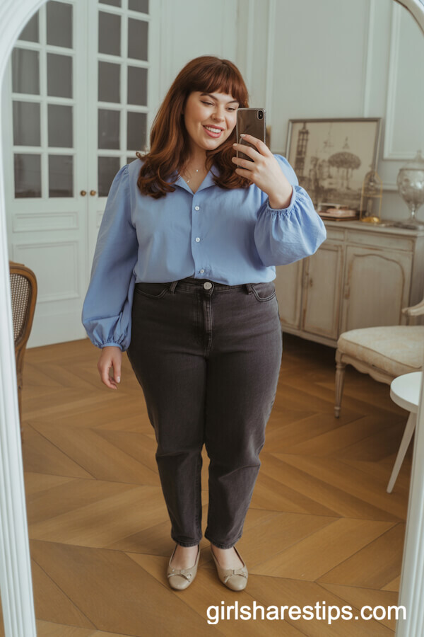 Soft Blue Parisian-Style Blouse with Balloon Sleeves and Dark Jeans