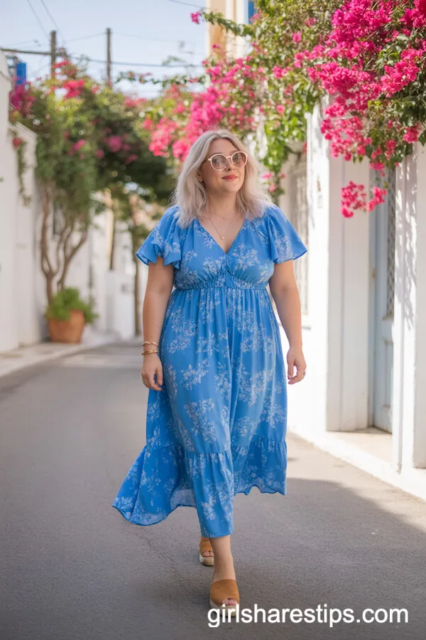 Flowy Blue Floral Maxi Dress with Flutter Sleeves