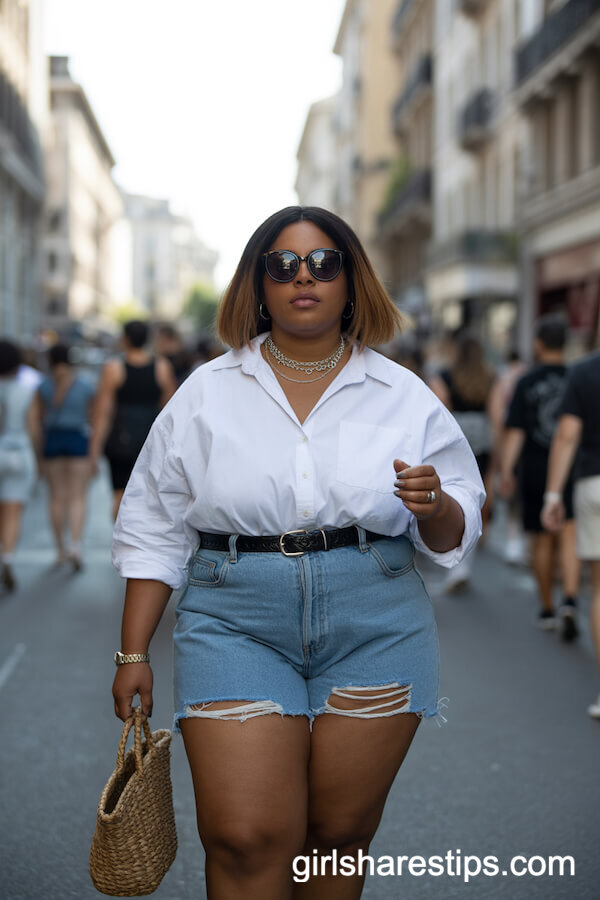 Crisp White Oversized Button-Up Shirt with Light Blue Ripped Denim Shorts