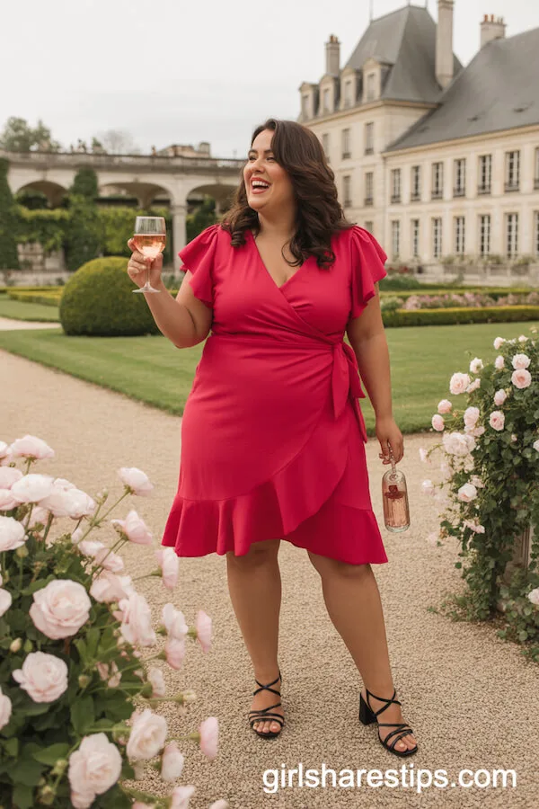 Vibrant Red Wrap Dress with Ruffled Sleeves and Block Heels