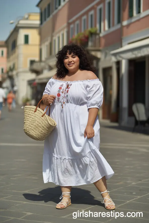 Off-Shoulder White Peasant Dress with Colorful Embroidery