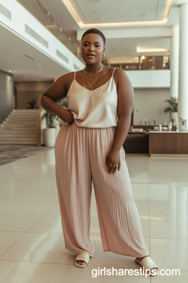 Blush Pink Palazzo Pants and Champagne Silk Camisole with Gold Accessories