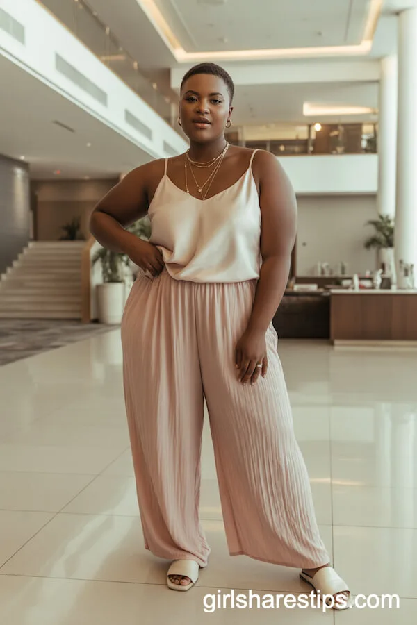 Blush Pink Palazzo Pants and Champagne Silk Camisole with Gold Accessories