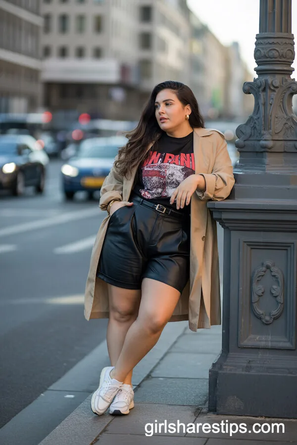 Black Tailored Shorts Bold Graphic T-Shirt Lightweight Trench Coat