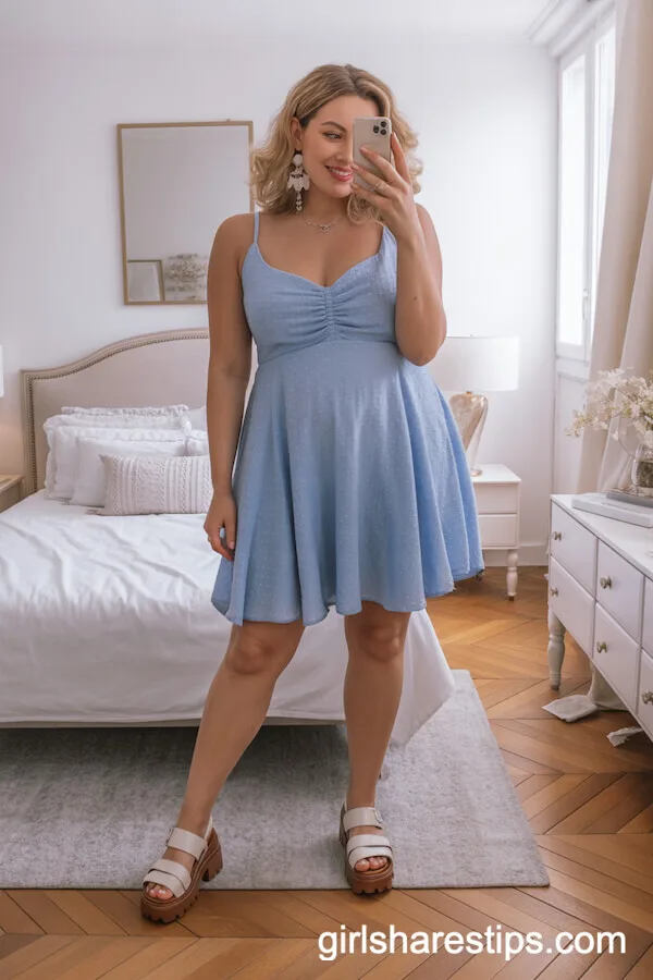 Pastel Blue Skater Dress with Ruffle Details and Platform Sandals