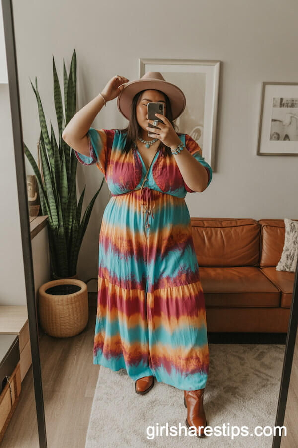 Tie-Dye Maxi Dress with Cowgirl Hat and Western Boots