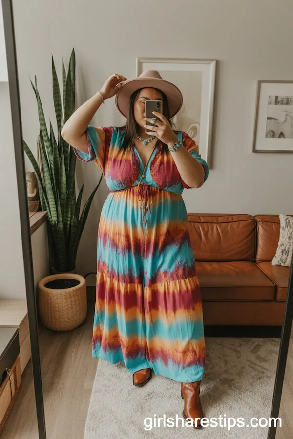 Tie-Dye Maxi Dress with Cowgirl Hat and Western Boots