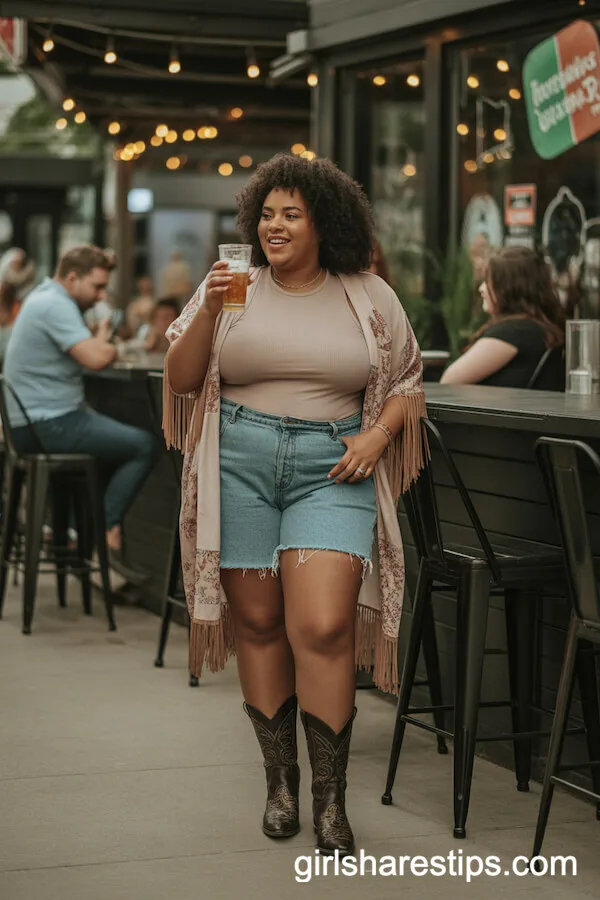 Frayed Jean Shorts, Fitted Tee, Fringe Kimono, Cowboy Boots
