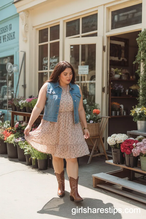 Flirty Floral Day Dress with Distressed Denim Vest and Brown Western Boots