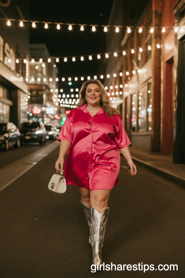 Hot Pink Satin Shirt Dress Silver Knee-High Cowboy Boots