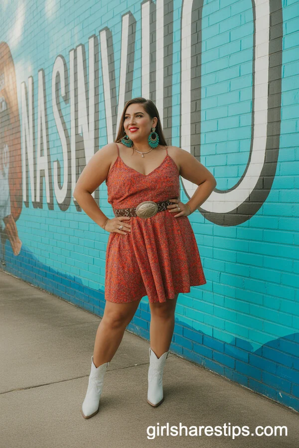 Strappy Bold Sundress Western Concho Belt White Ankle Cowboy Boots