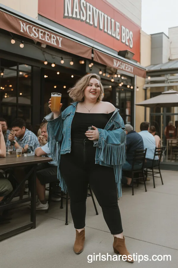 Off-Shoulder Jumpsuit Fringe Denim Jacket Western Ankle Boots