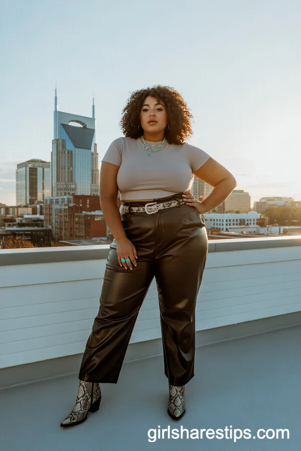 High-Waisted Western Paperbag Pants, Cropped Tee, Snakeskin Cowboy Boots